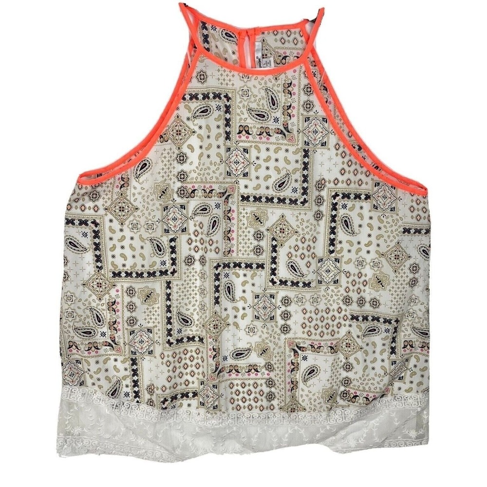 PAPAYA Women L Halter Tank Top Paisley Lace White Trim Orange Trim